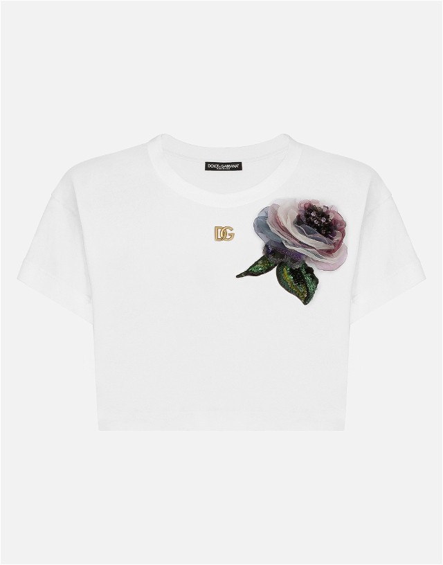 Cropped Jersey T-shirt With Flower Appliqué